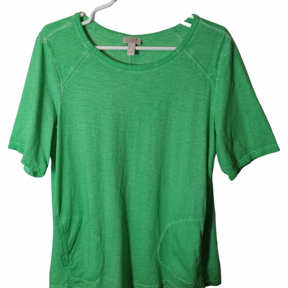 Lori Goldstein LOGO Womens Green Short Sleeve Top L Pockets Distressed Elbow - Picture 2 of 15
